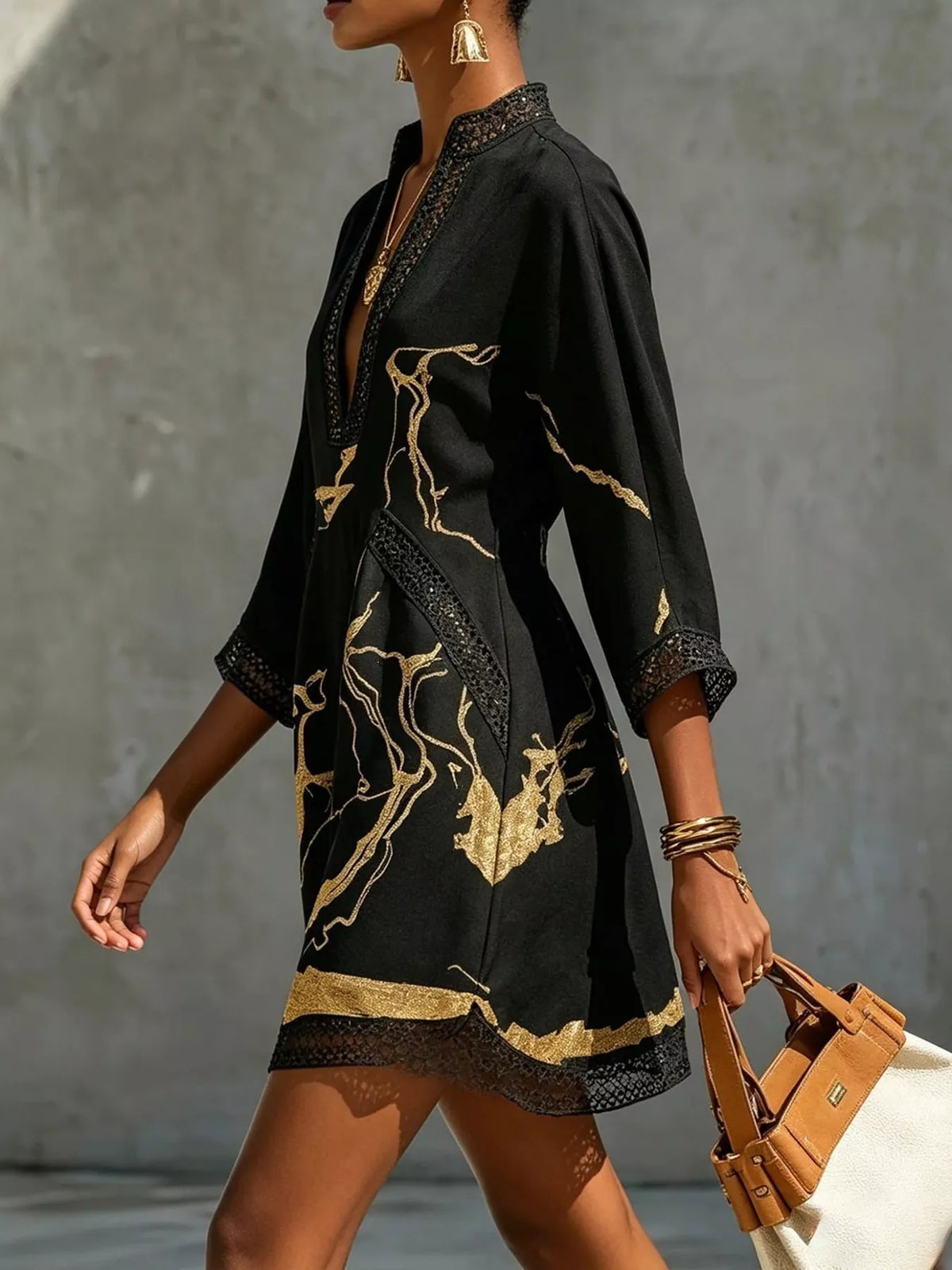 Black notched 3/4 sleeve mini dress, side view
