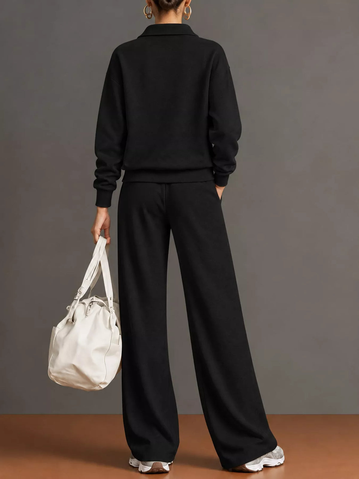 Half Zip Long Sleeve Top and Pants Set — back view