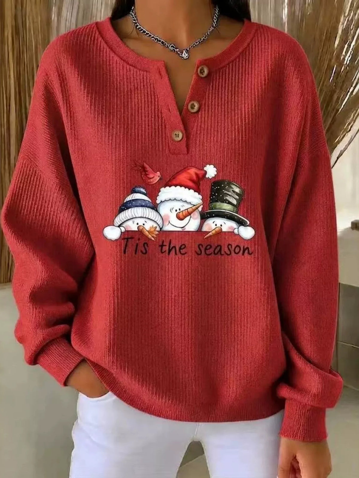 Snowman graphic ribbed Henley sweatshirt in scarlet, front view