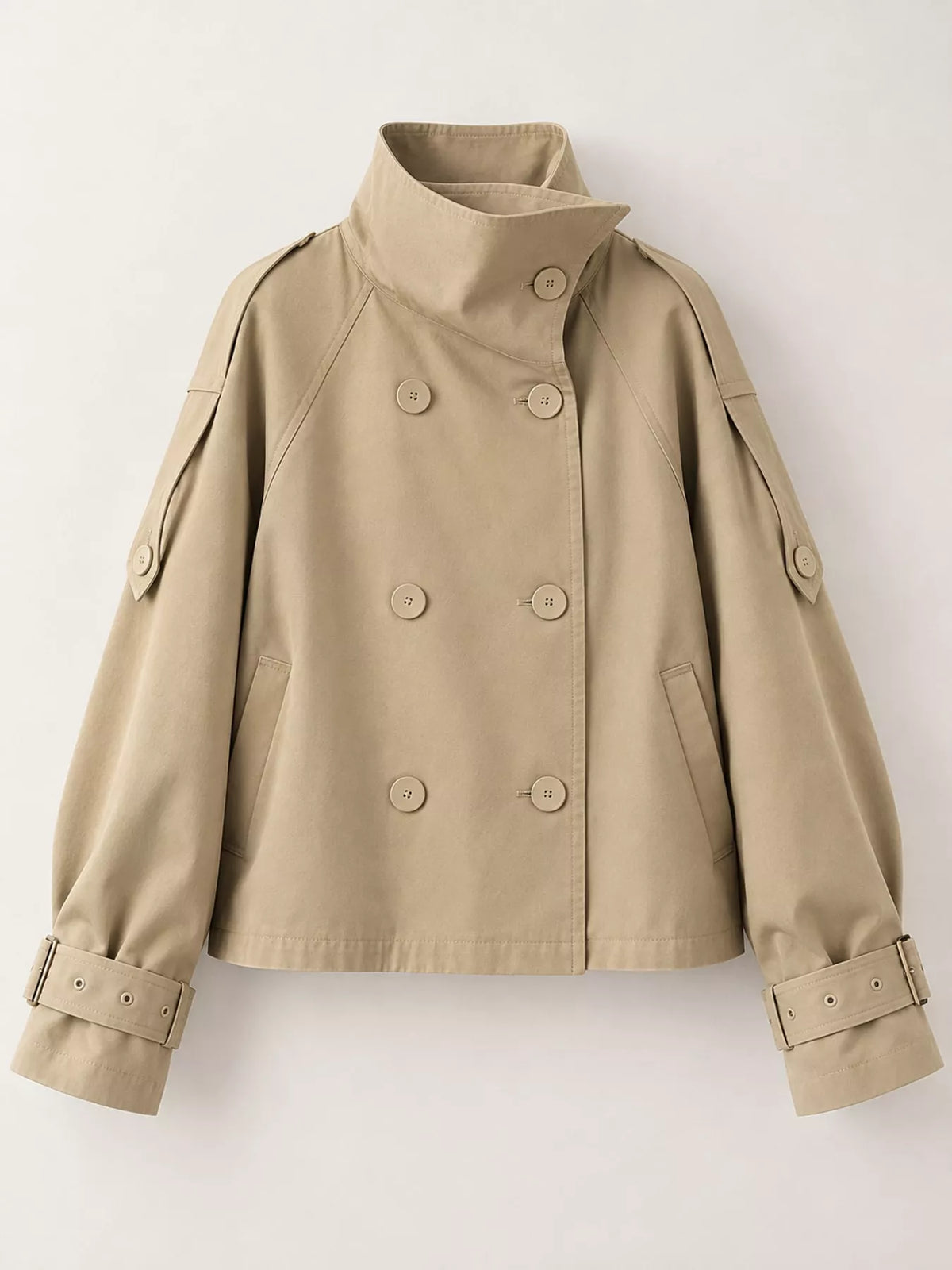 Beige double-breasted cropped trench jacket, front product view
