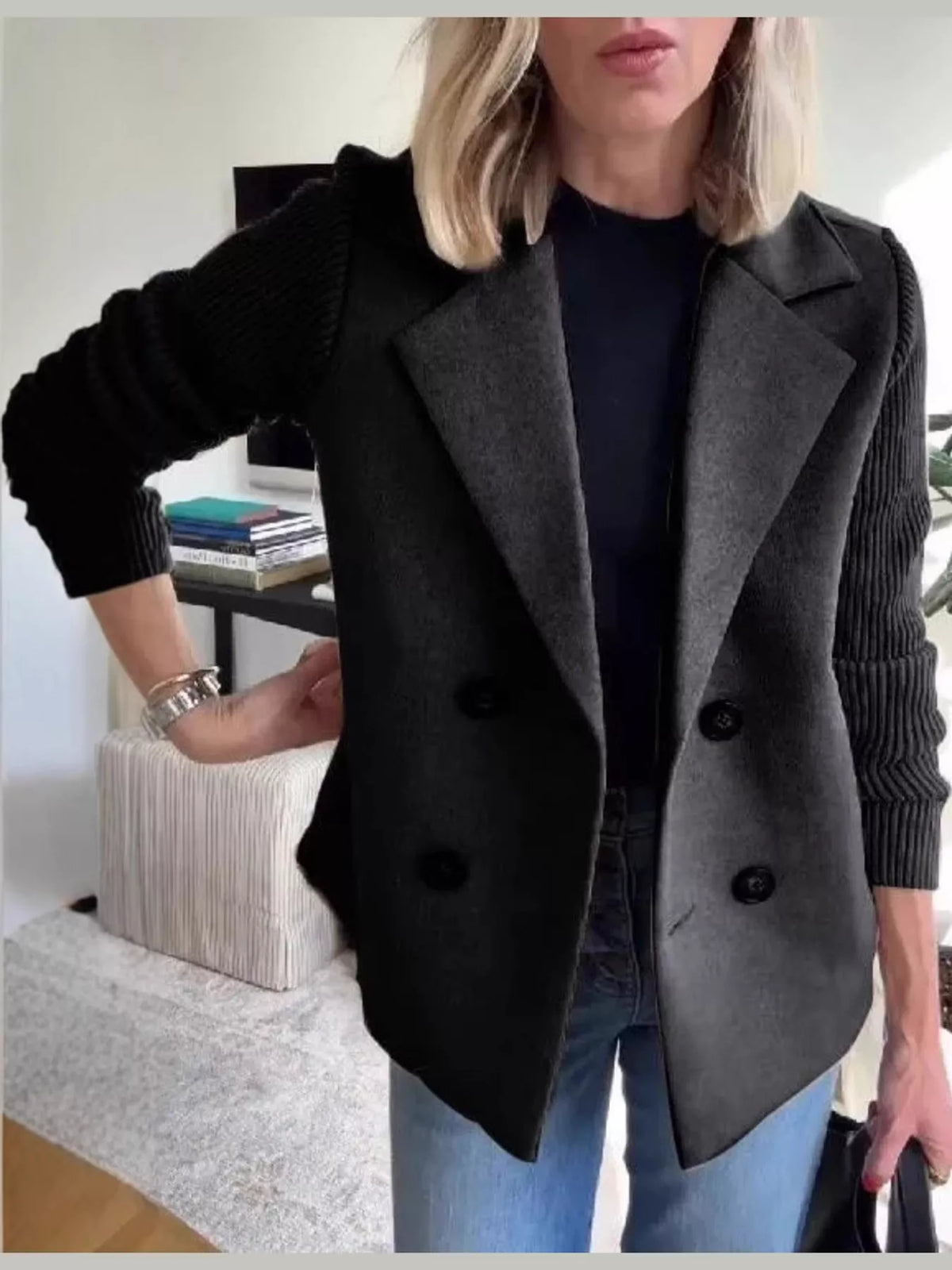 Black double-breasted lapel collar blazer — front view