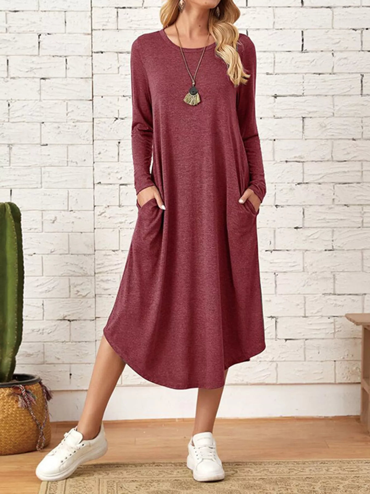 Round neck long sleeve midi dress, front view on model