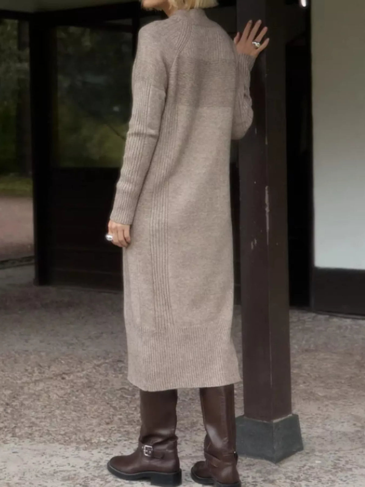 Taupe half-zip ribbed knit sweater dress — back view