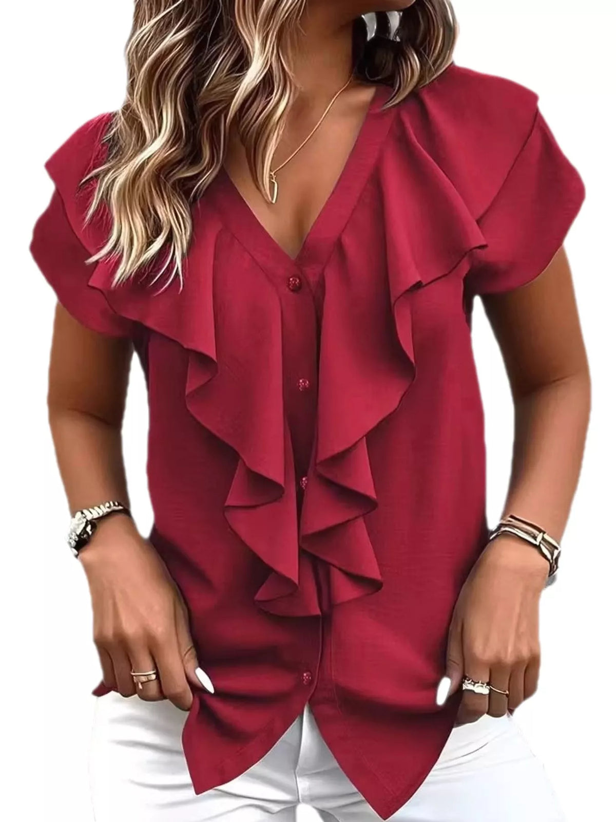 Burgundy v-neck ruffle trim button-down shirt