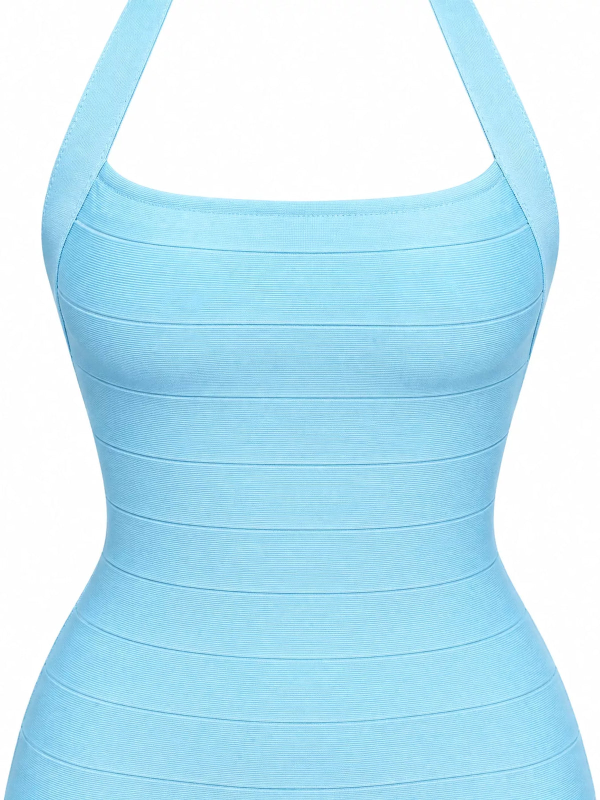 Light blue halter neck bodycon dress, detail view