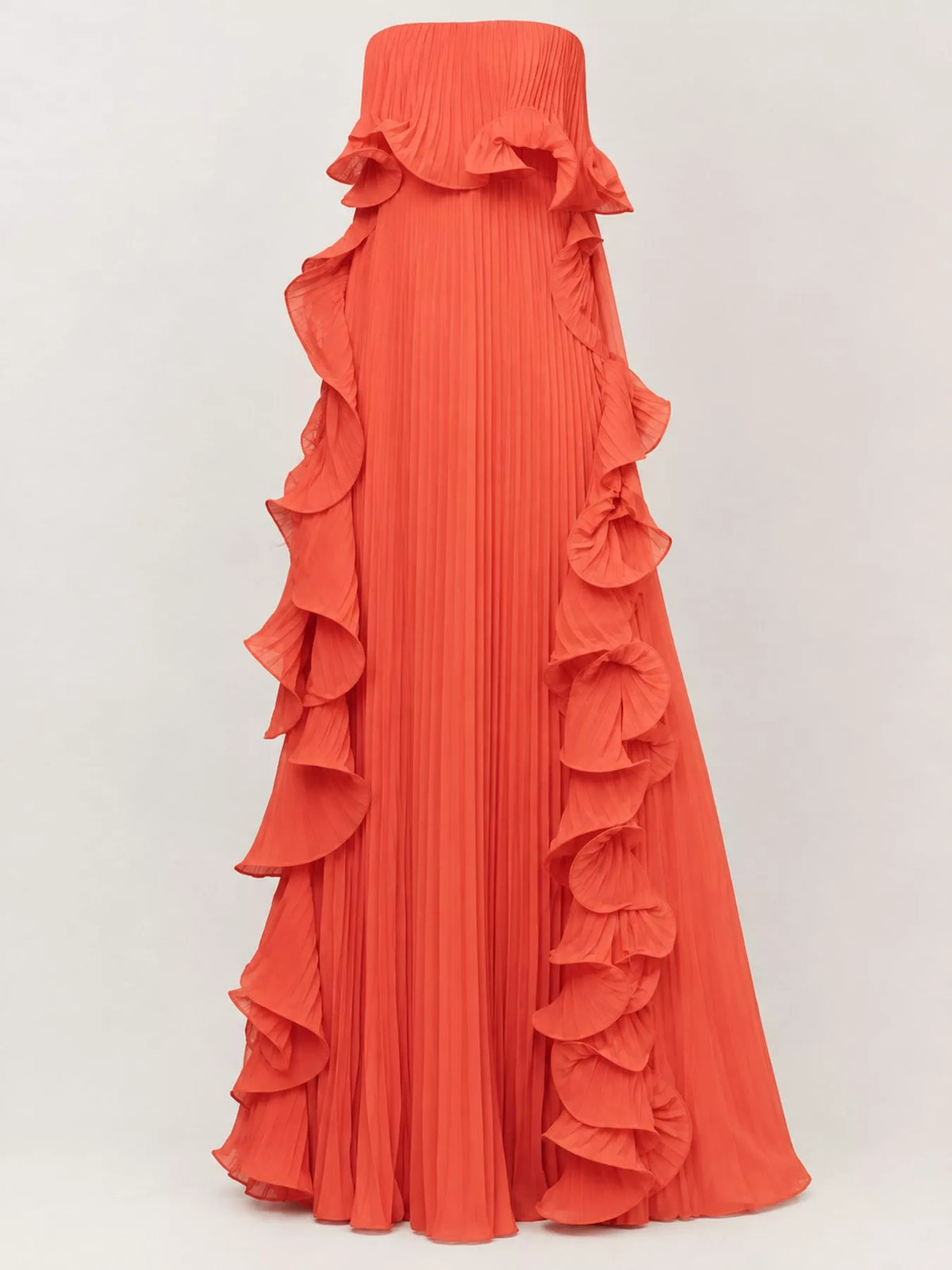 Ruffled Strapless Pleated Maxi Dress — garment front