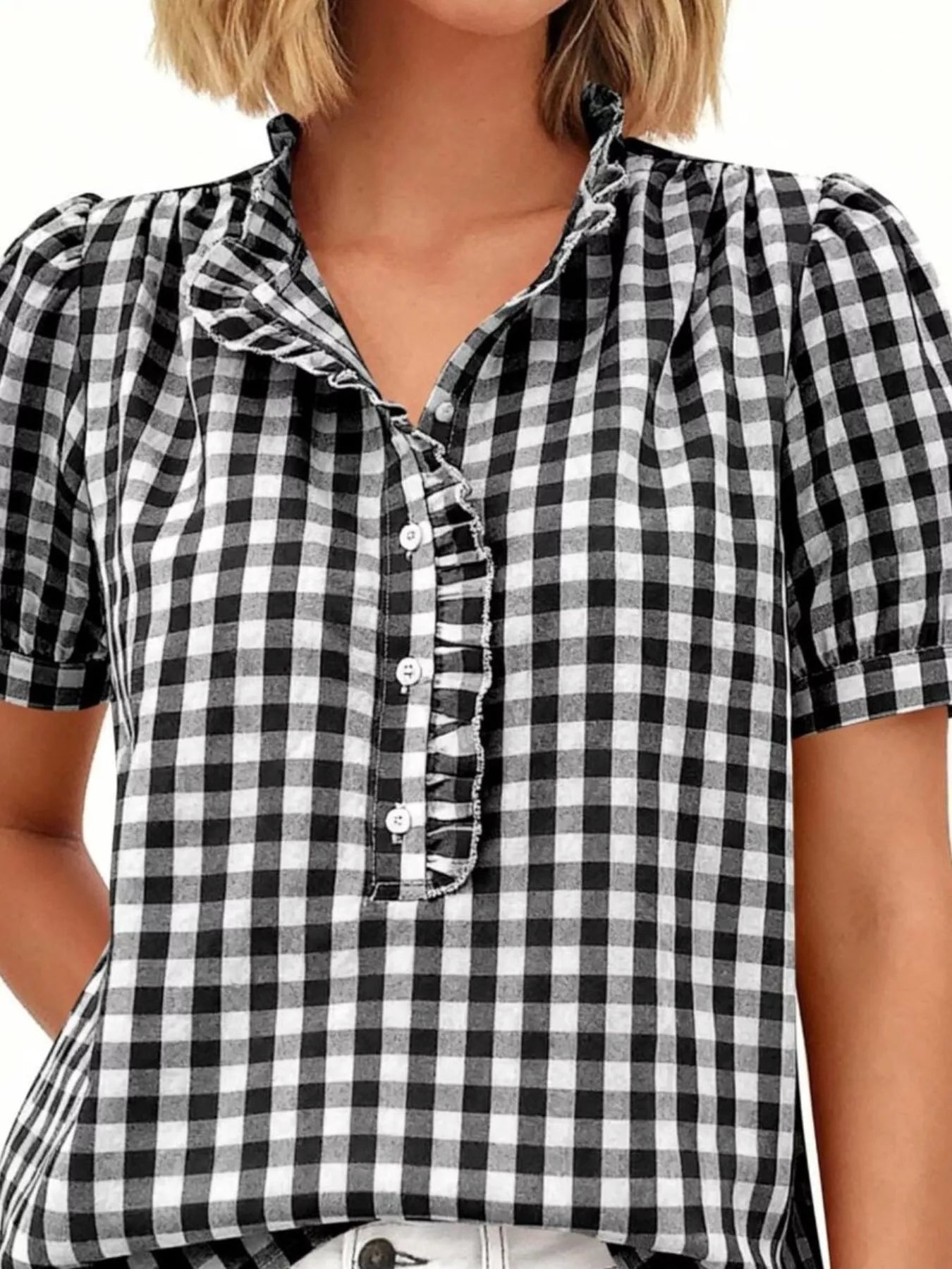 Trendsi Gingham Button Front Puff Sleeve Blouse -
