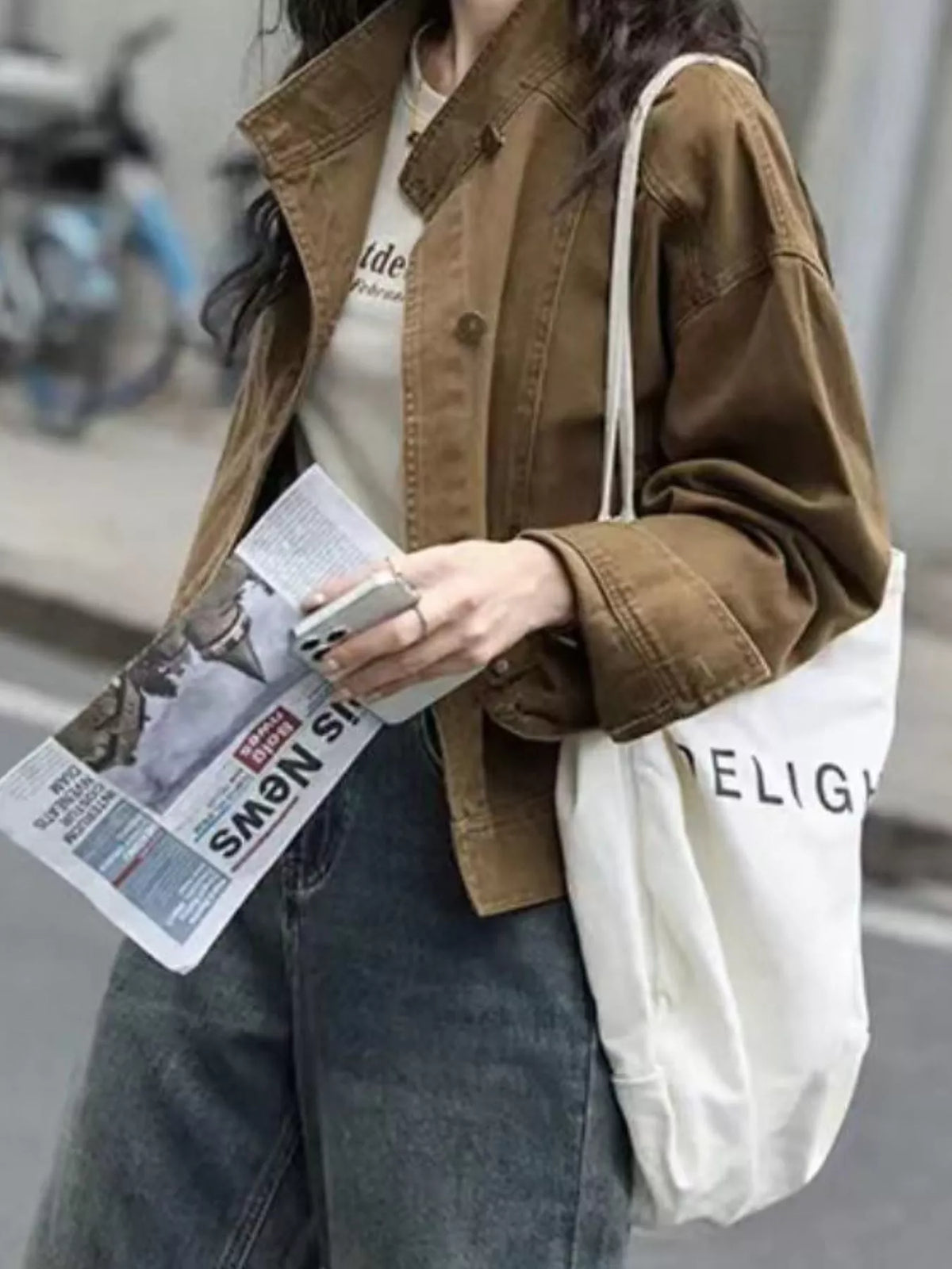Women's Button Up Dropped Shoulder Denim Jacket in olive — side view