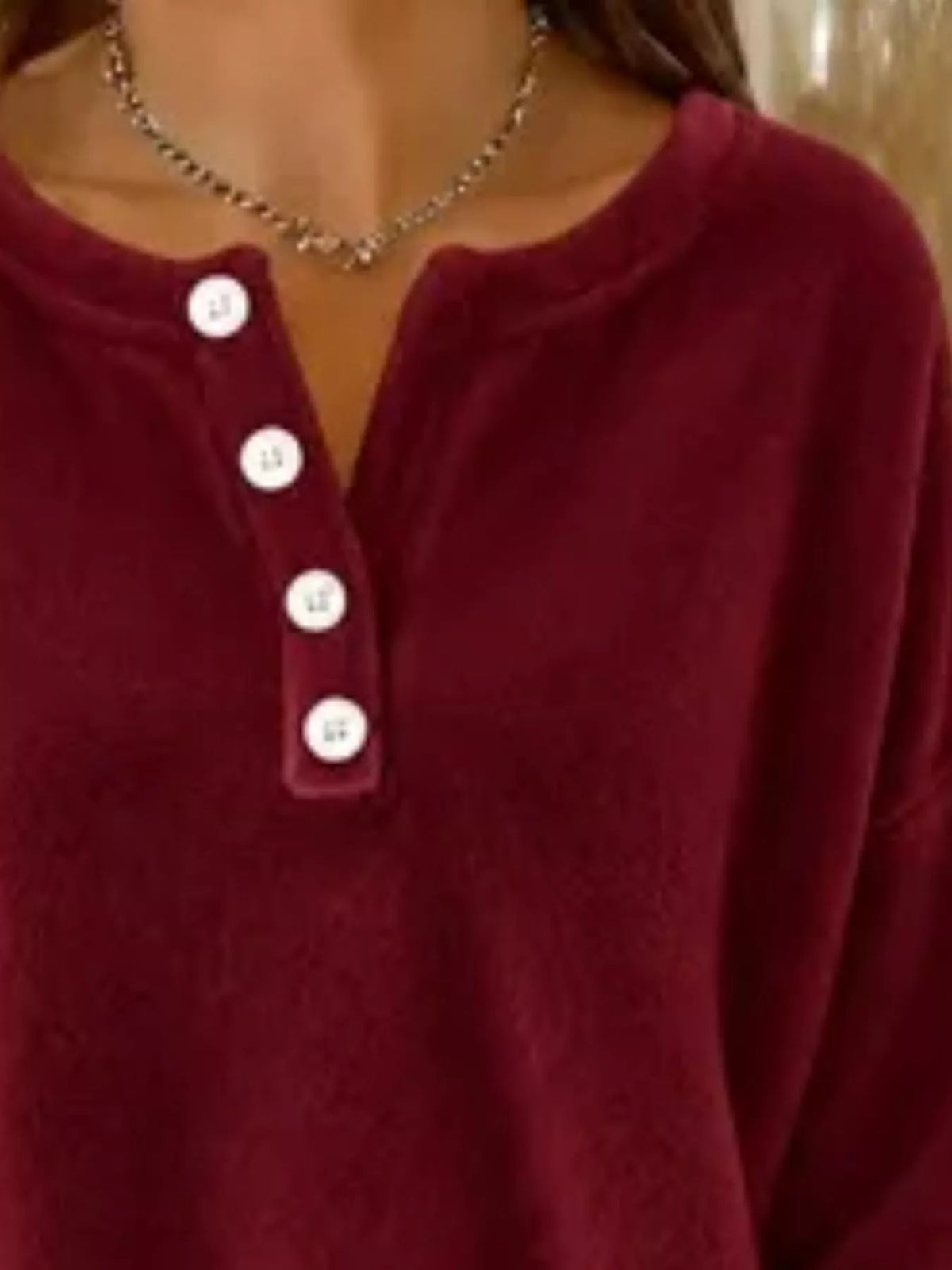 Burgundy button-detail dropped shoulder sweatshirt, button placket detail