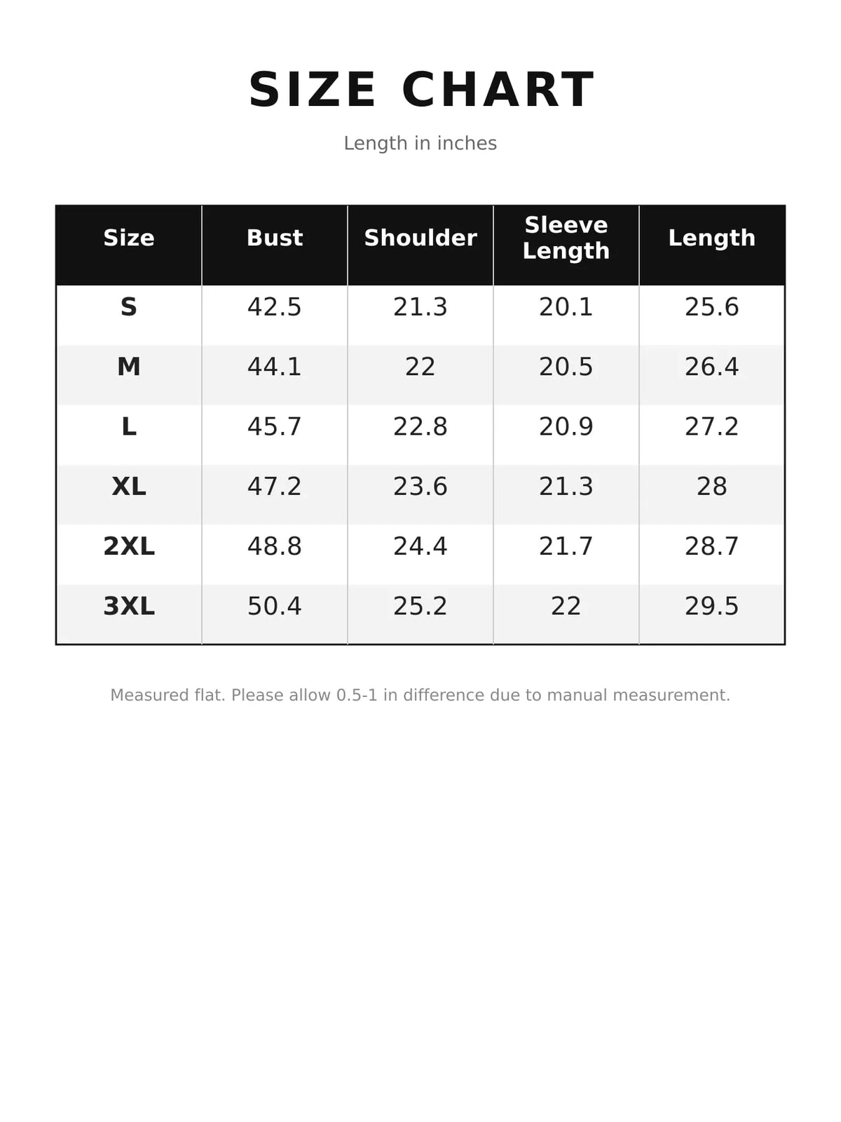 Zip-Up Hooded Denim Jacket — size and measurement chart