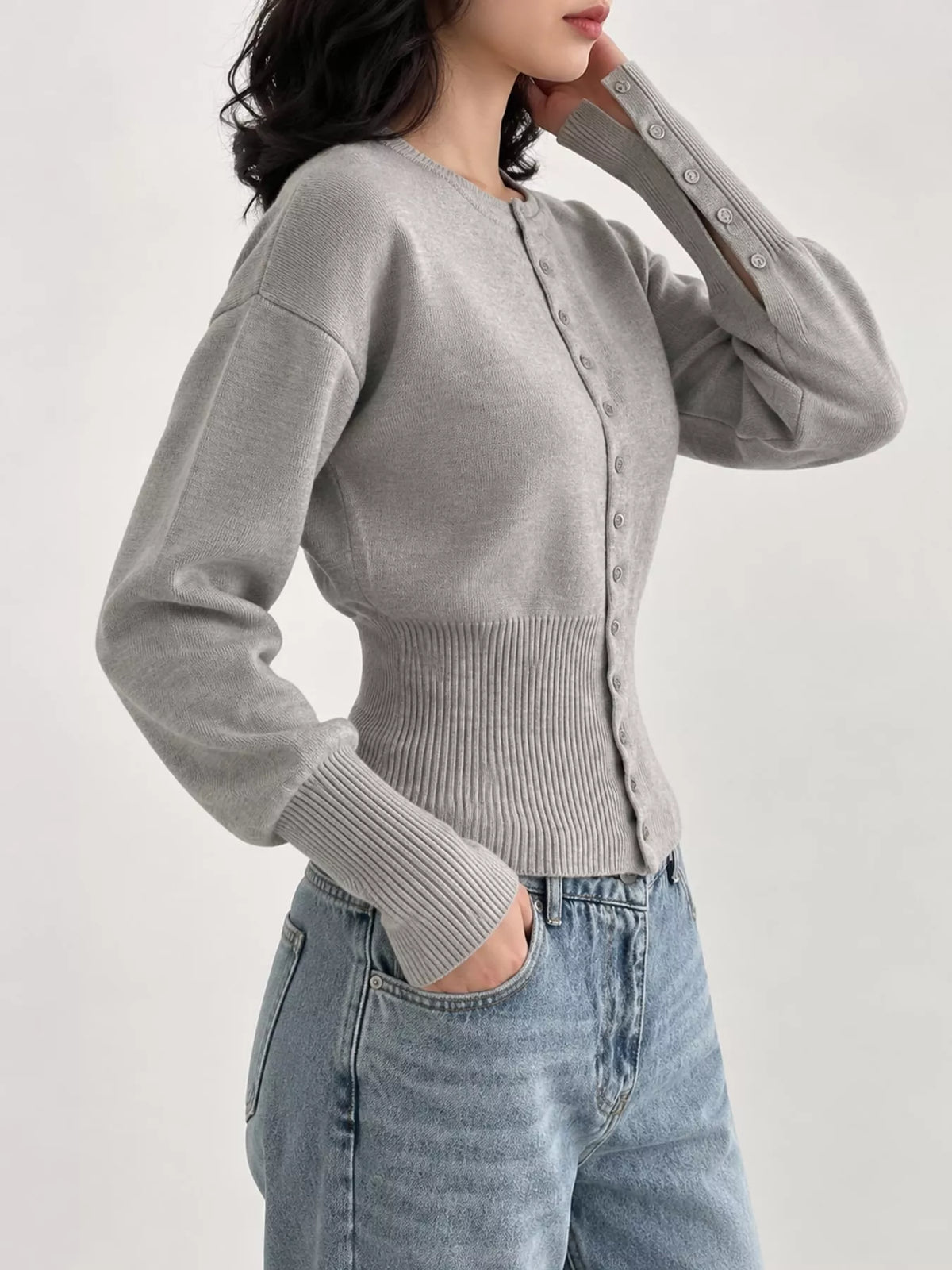 Gray button up ribbed waist cardigan
