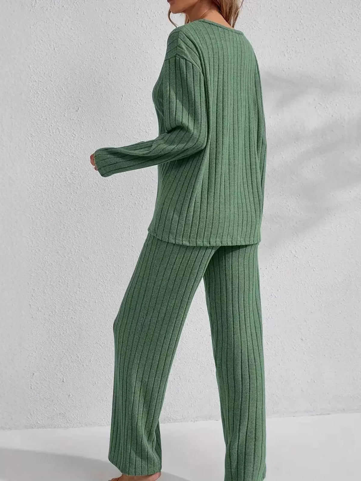 Ribbed Knit V-Neck Top and Pants Lounge Set, back view in green