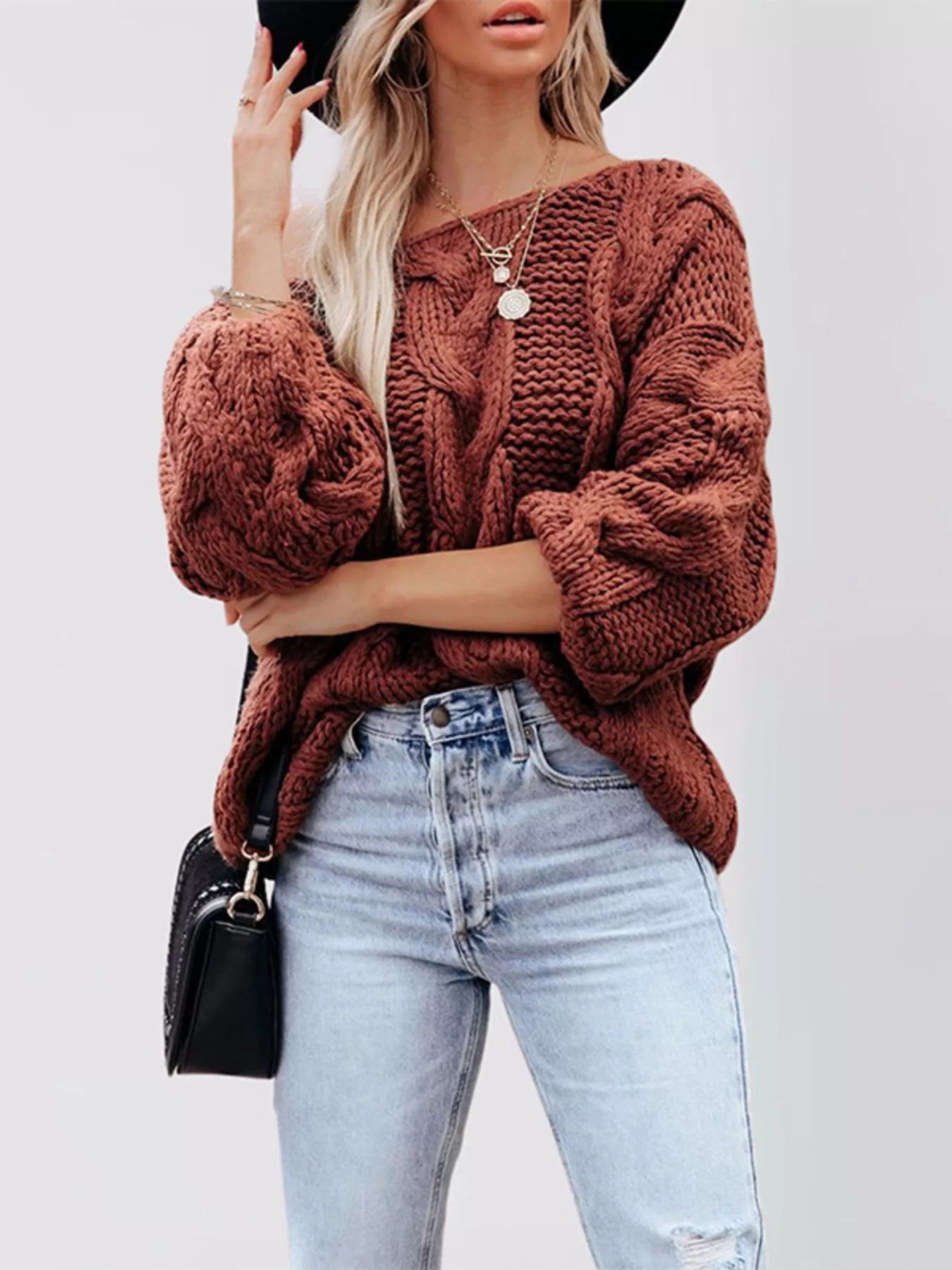 Trendsi Chunky Cable Knit Long Sleeve Sweater -