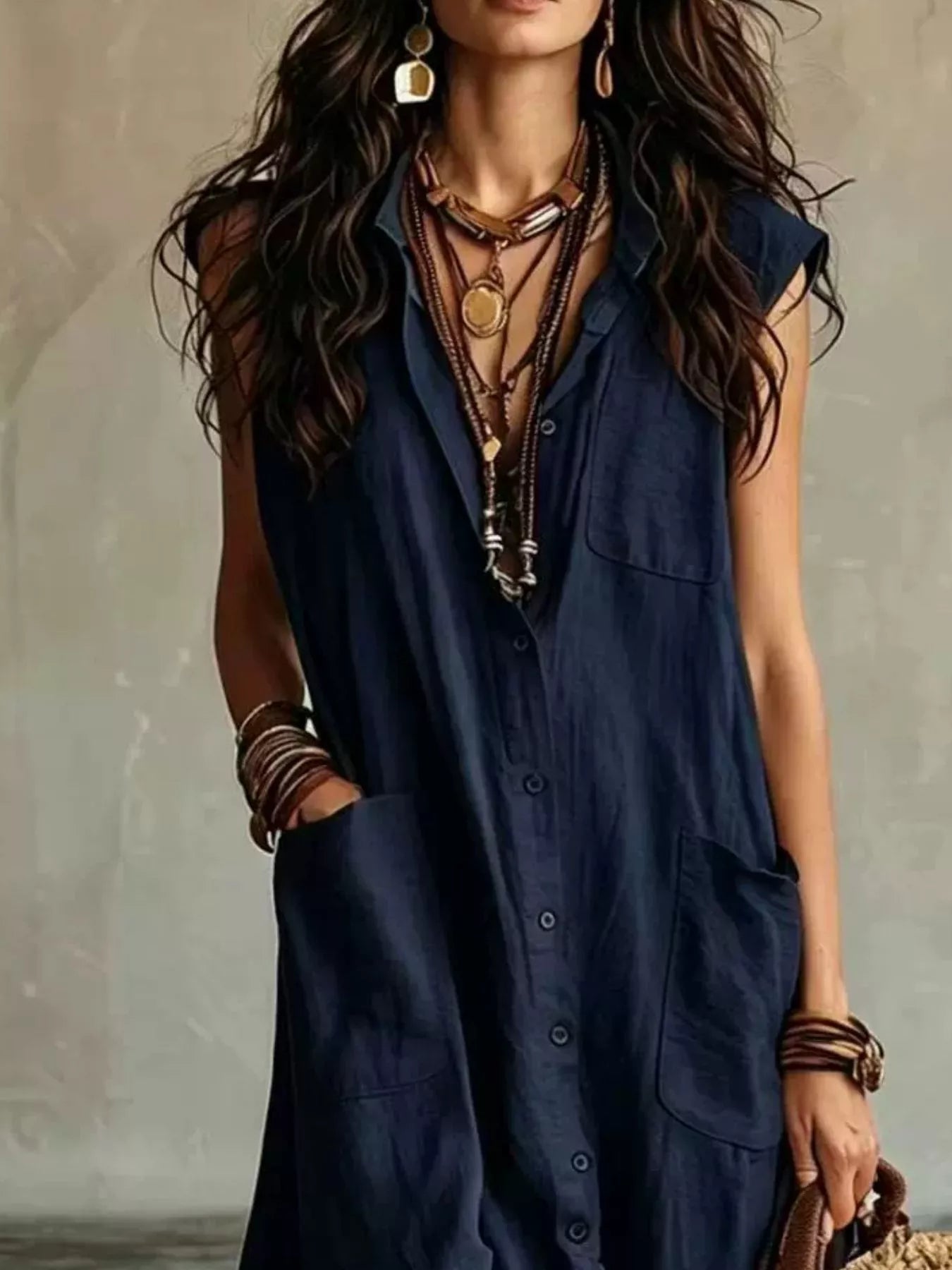 Trendsi Sleeveless Button-Down Linen Maxi Dress -