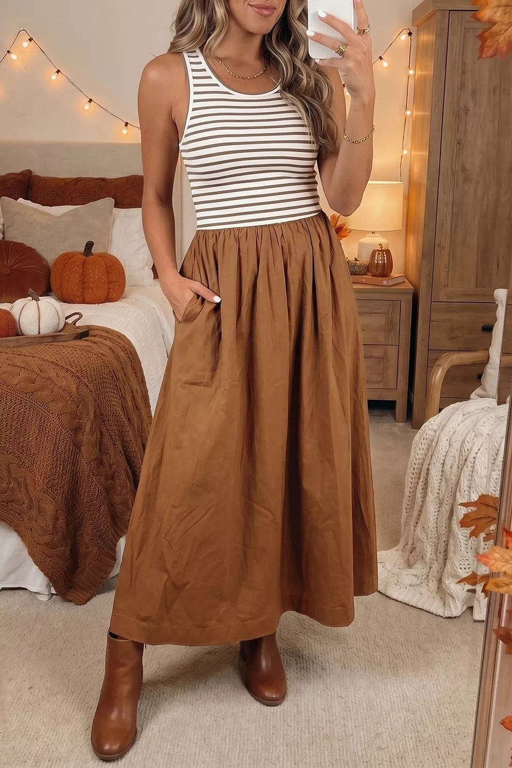 Trendsi Striped Colorblock Patchwork Sleeveless Casual Long Dress -