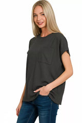 Trendsi Zenana Raised Rib Front Pocket Boxy Top -