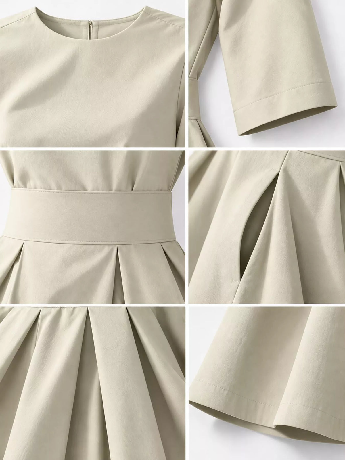 Round neck short sleeve midi dress, construction and design details