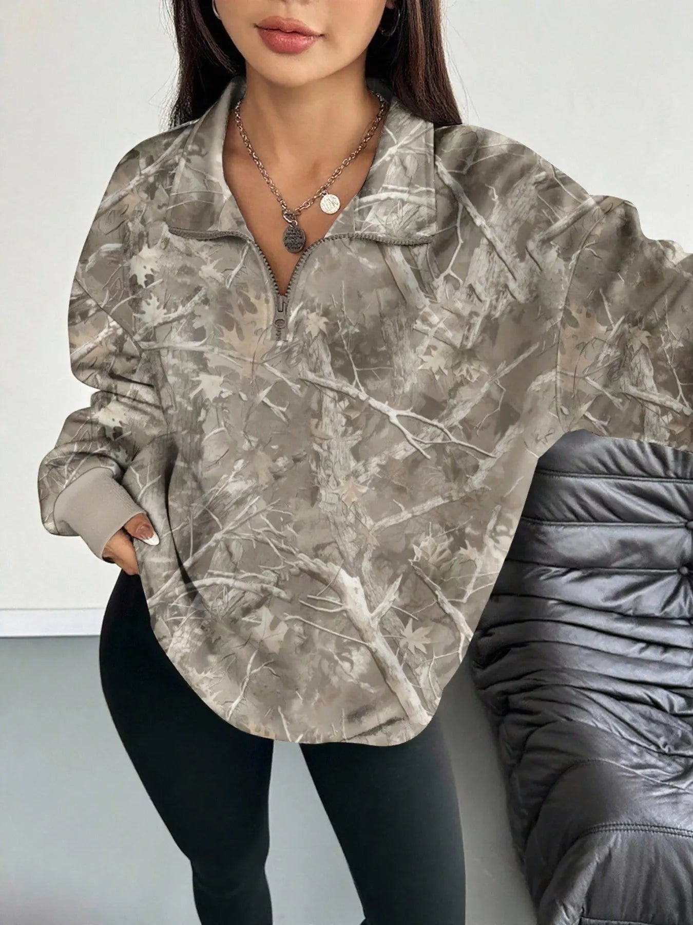Trendsi Quarter-Zip Printed Sweatshirt with Ribbed Cuffs -