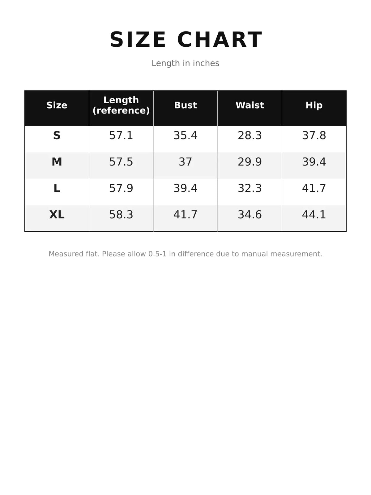 strapless maxi dress, size and measurement chart