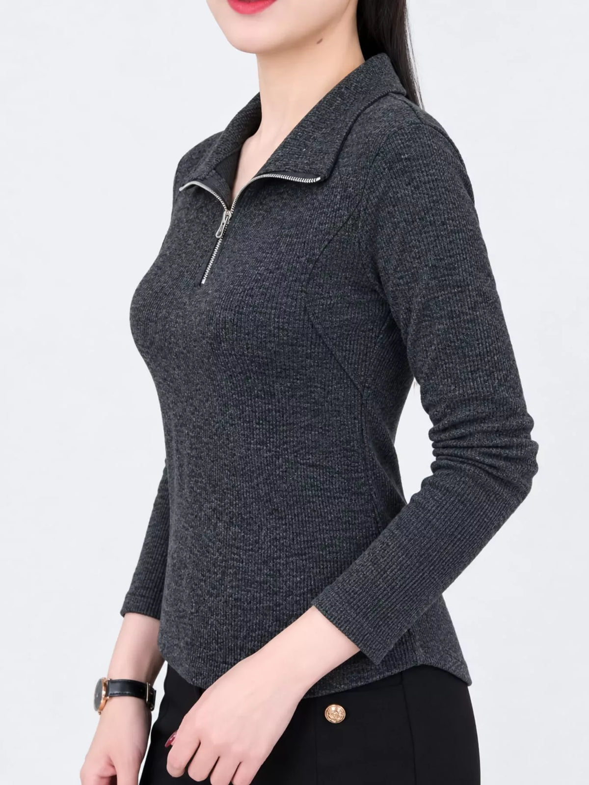 Quarter-zip ribbed top, charcoal side