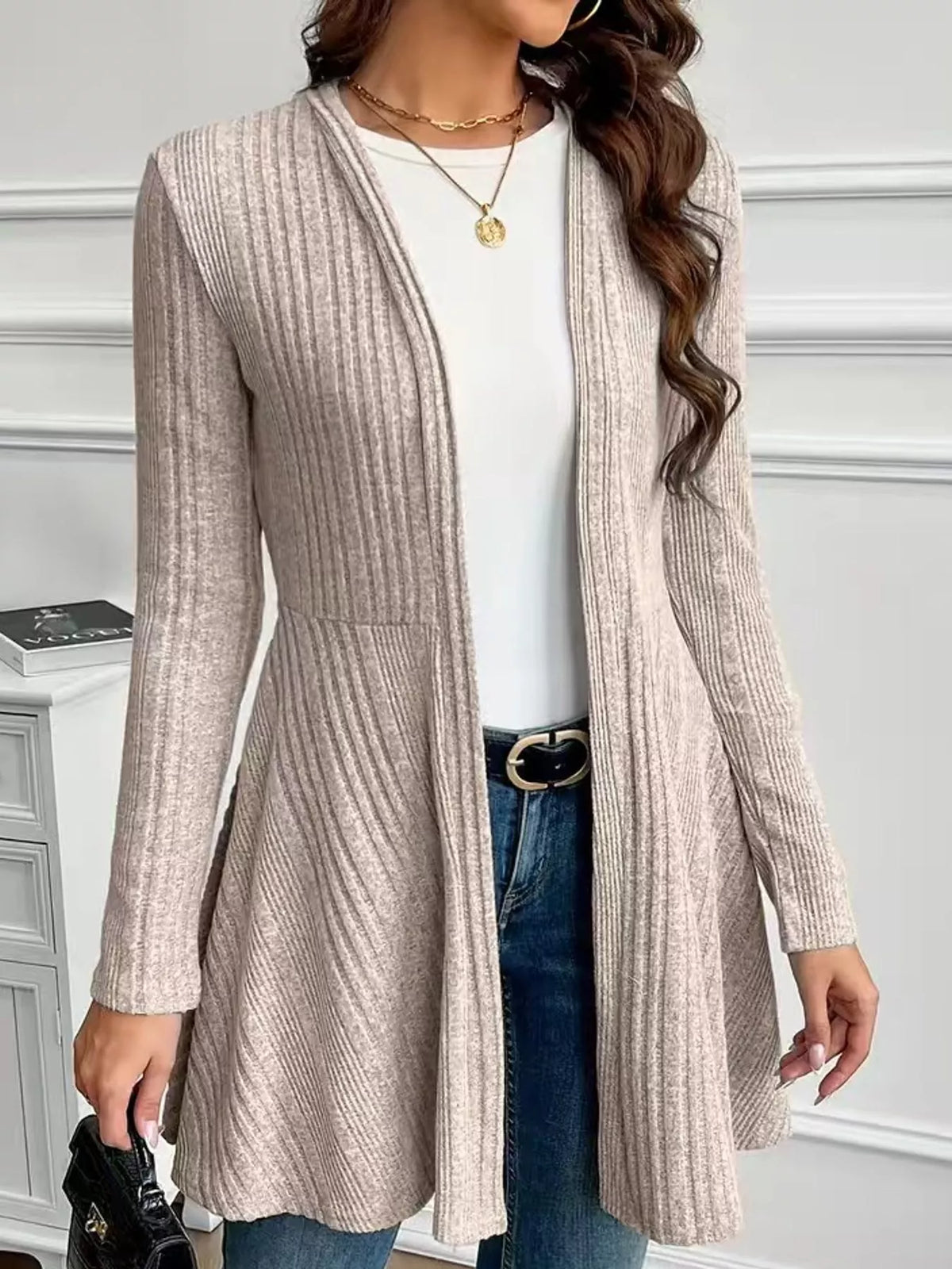 Apricot ribbed knit open front cardigan