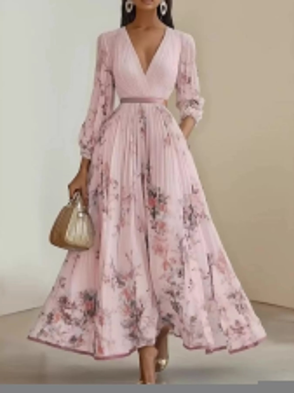 V-neck long sleeve maxi dress, front view on model