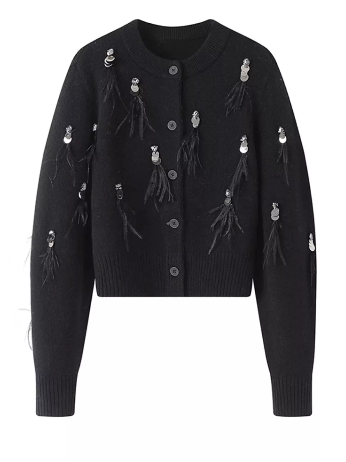 Sequin Feather-Embellished Knit Cardigan in black