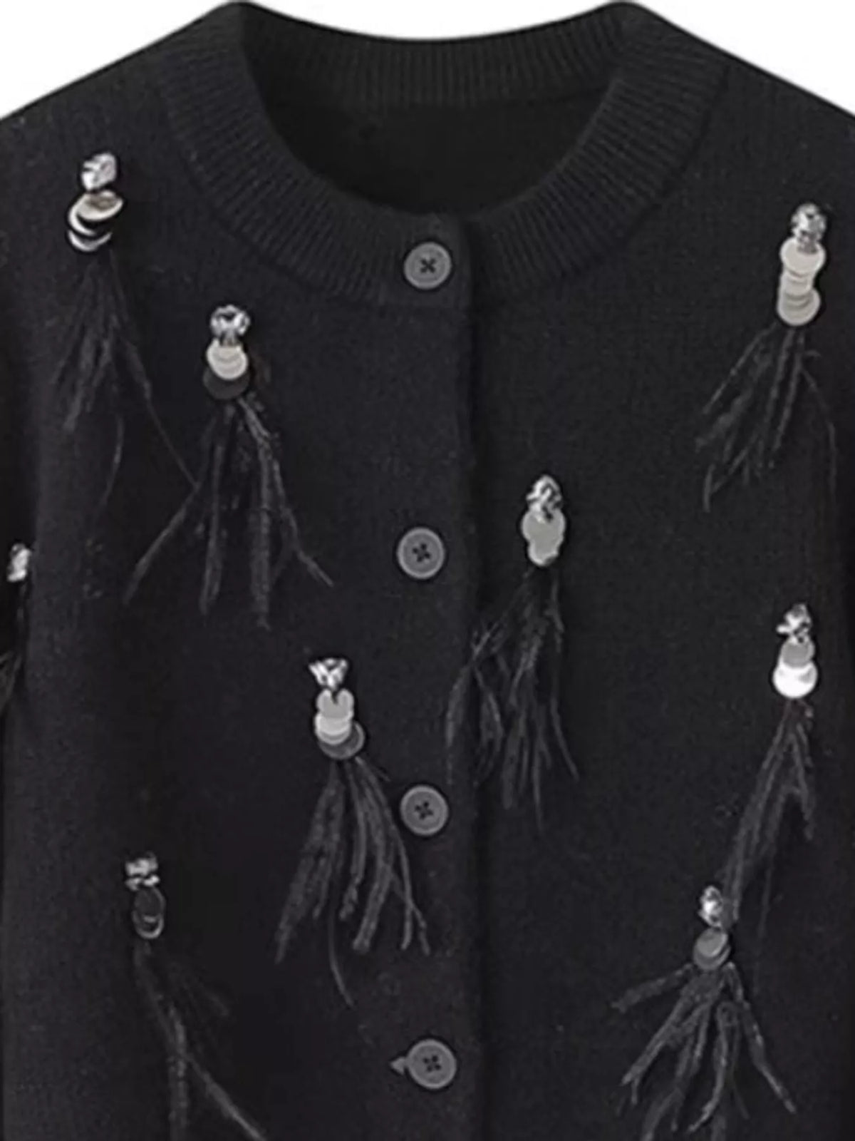 Sequin Feather-Embellished Knit Cardigan, detail view in black