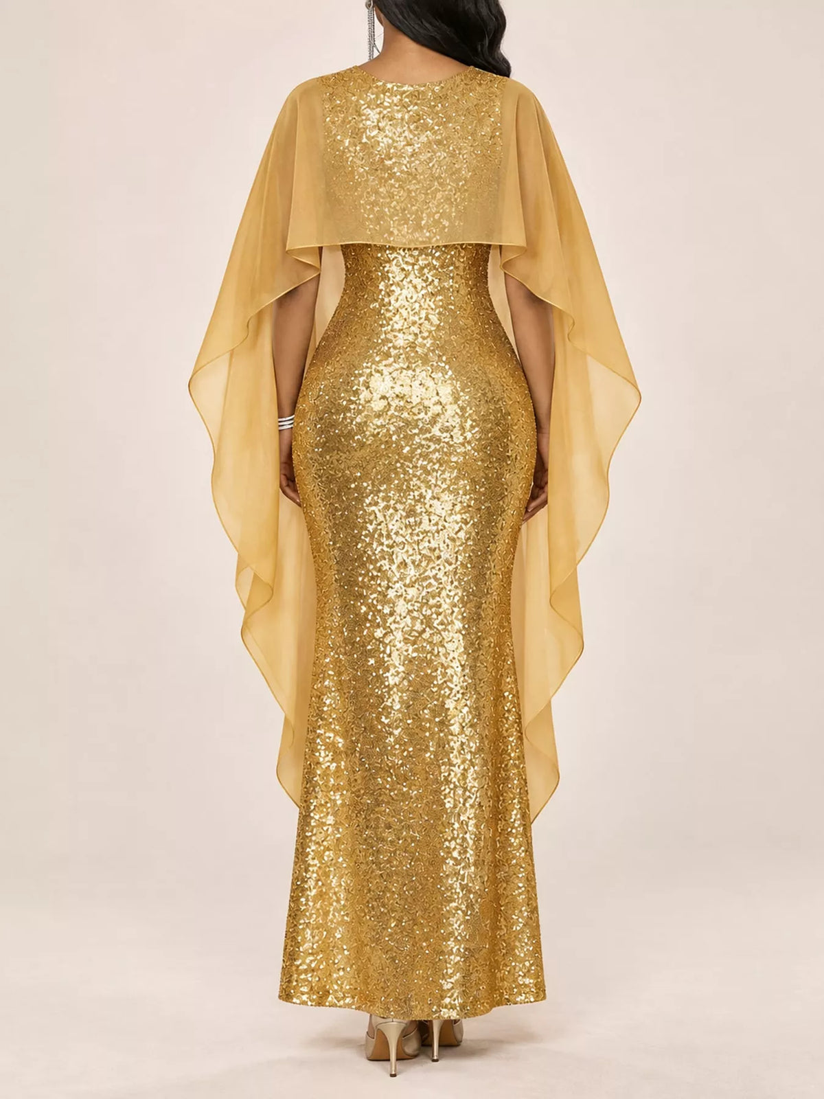Women's Sequin Cape Overlay Evening Dress in gold — back view