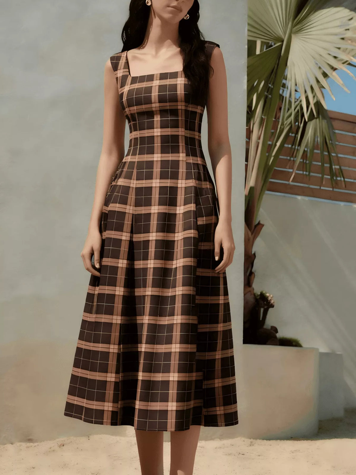 Brown square neck plaid midi dress