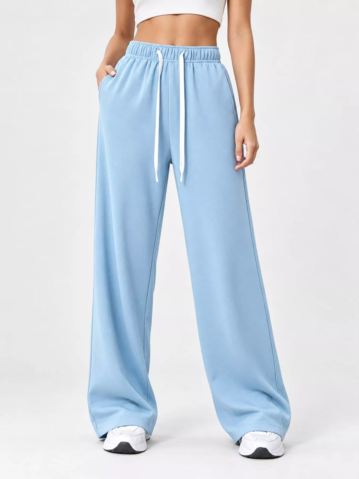 Light blue wide-leg pants with drawstring
