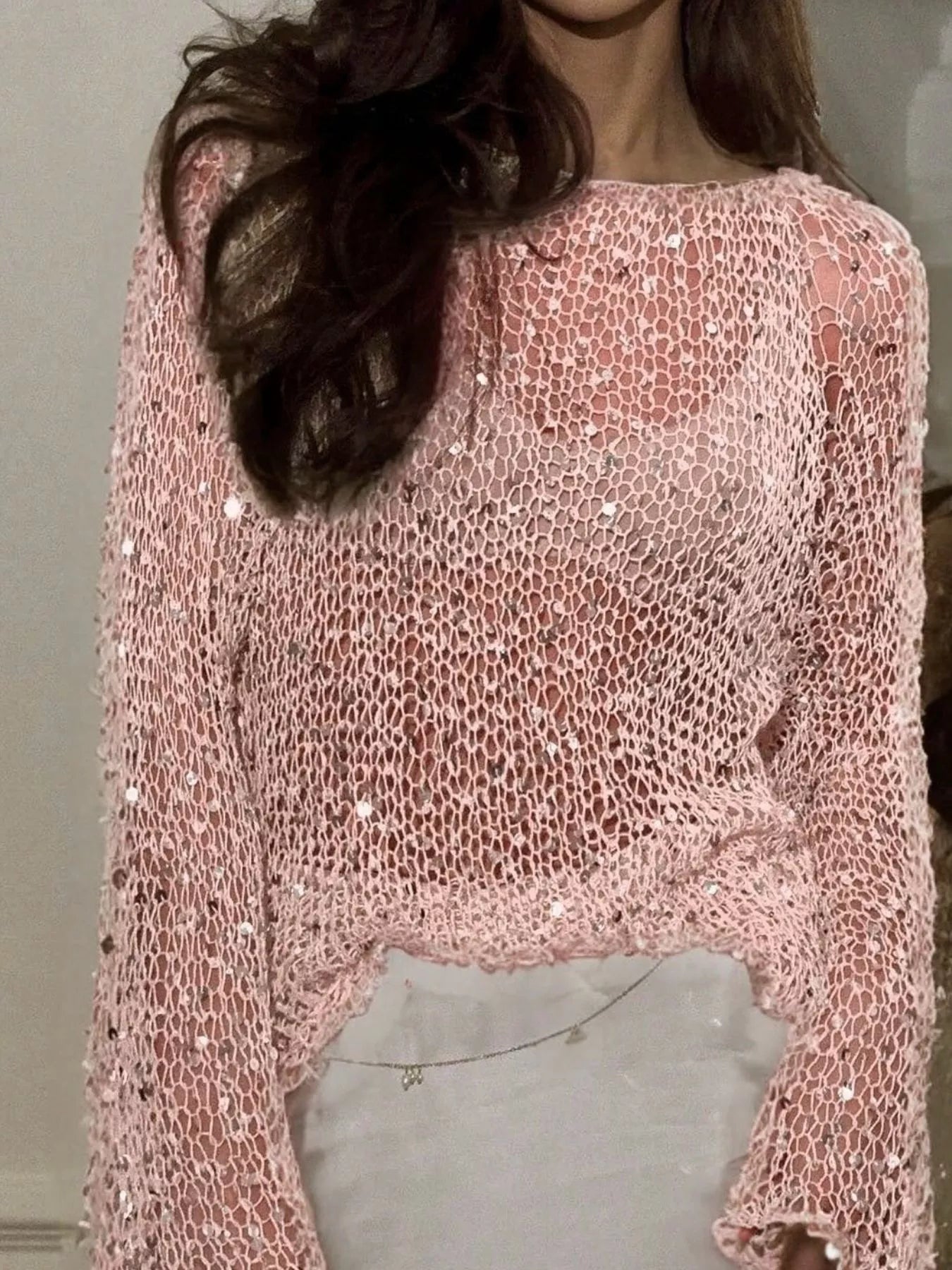 Trendsi Sequin Long Sleeve Knit Cover Up -