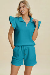 Trendsi Double Take Full Size Texture Flounce Sleeve Top and Shorts Set -