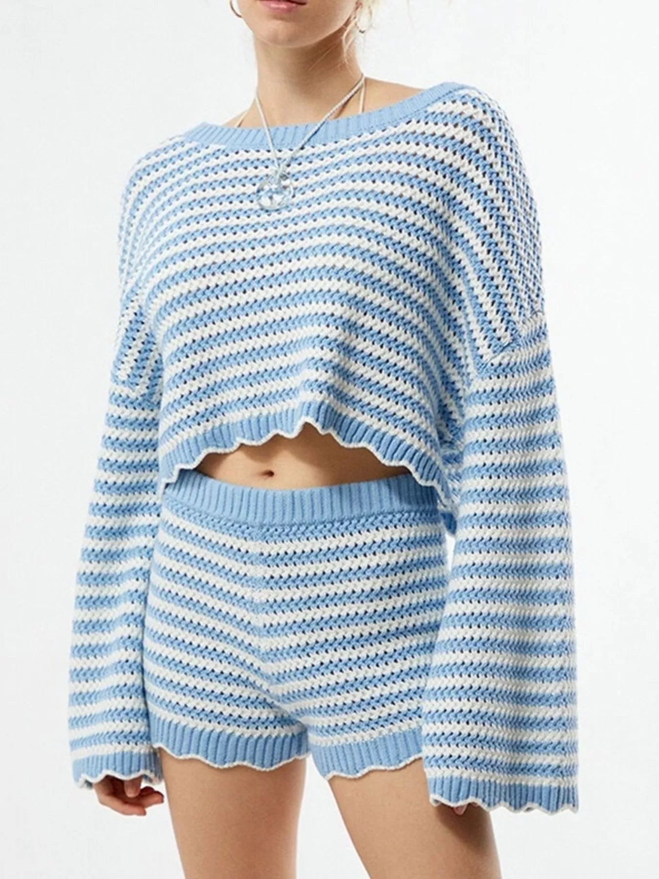 Trendsi Scalloped Edges Striped Top and Shorts Set -