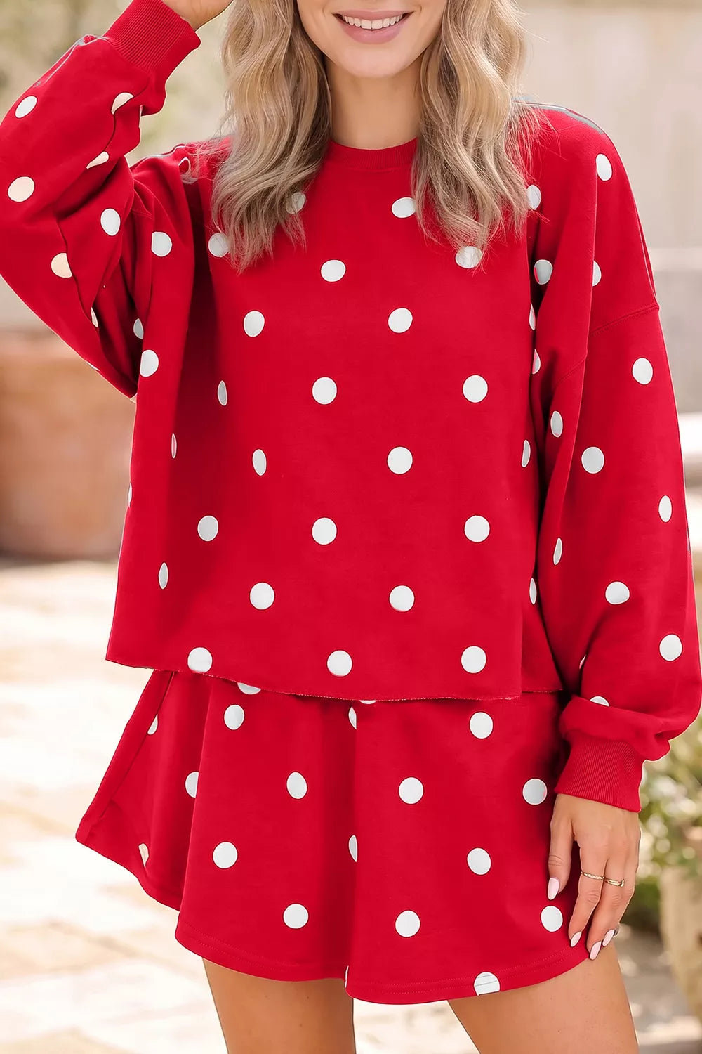 Polka Dot Raw Hem Top and Skort Set, front view