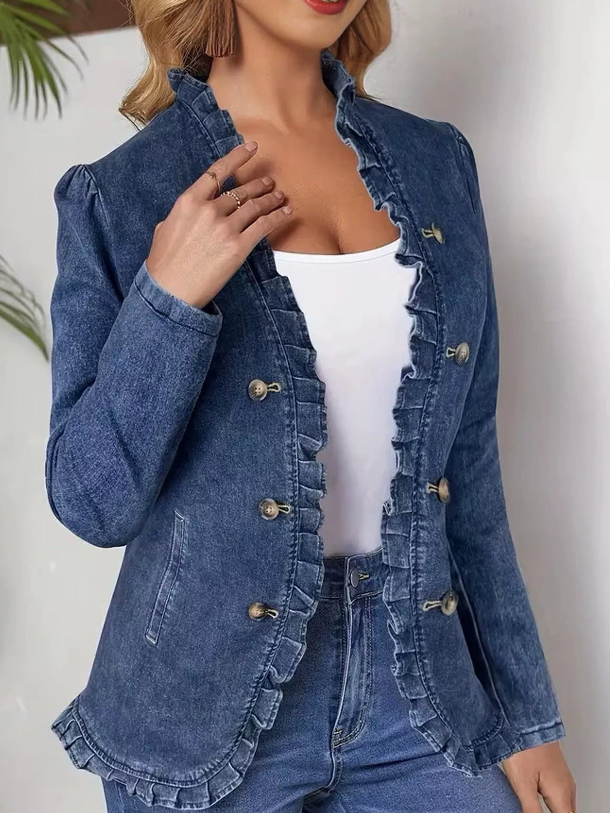 Ruffle Trim Double-Breasted Denim Jacket — front view