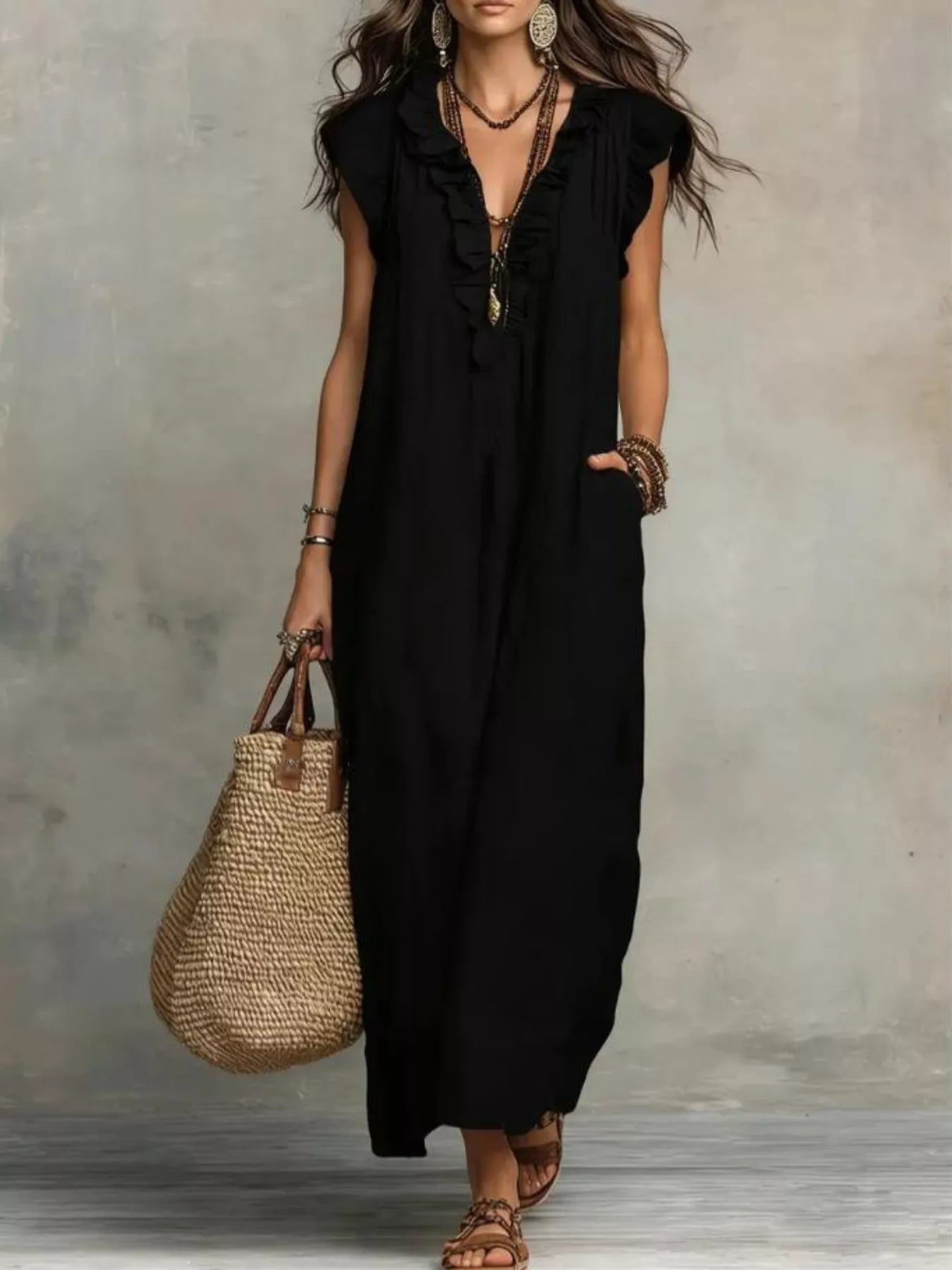 Trendsi Full Size Bohemian Ruffle Neck Maxi Dress Plus Size -