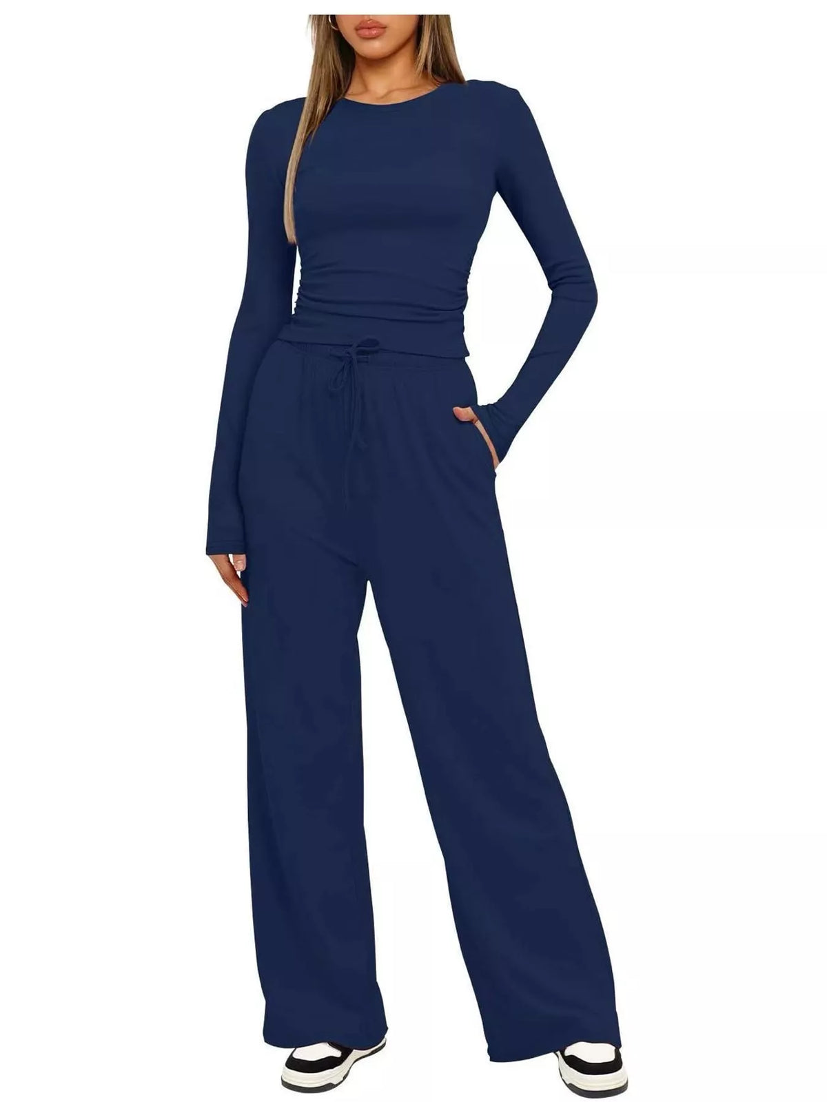 Long Sleeve Top and Wide-Leg Drawstring Pants Set — front view