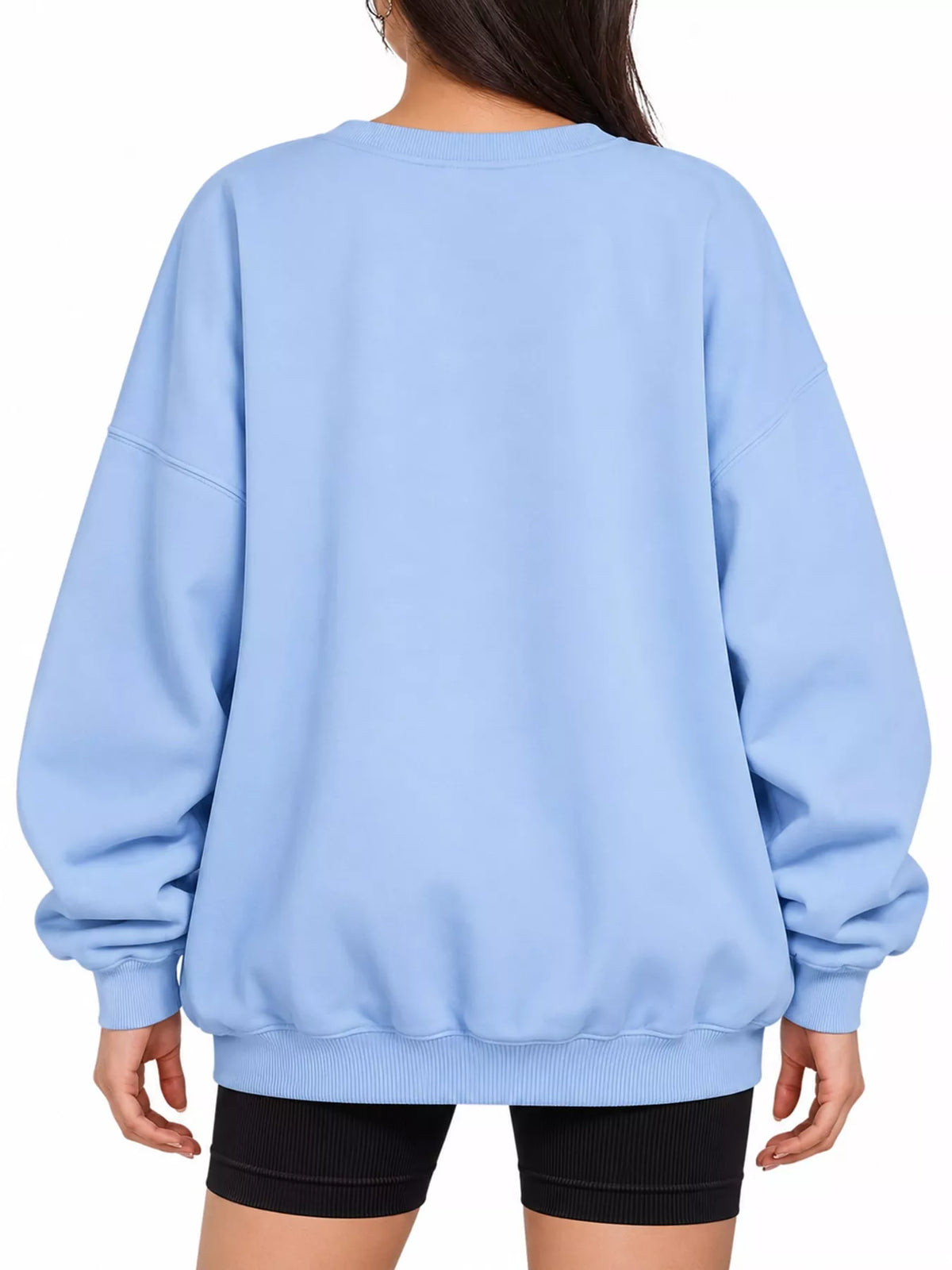 Ribbed Trim Crew Neck Sweatshirt in light blue, back view