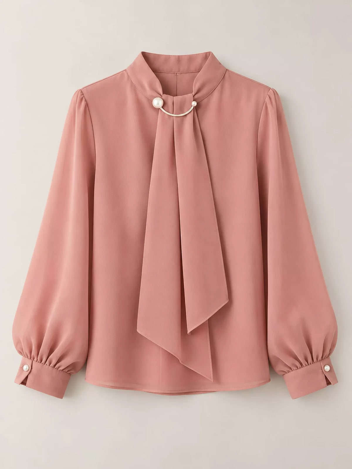 Mock Neck Blouse with Pearl Accent and Lantern Sleeves in pink