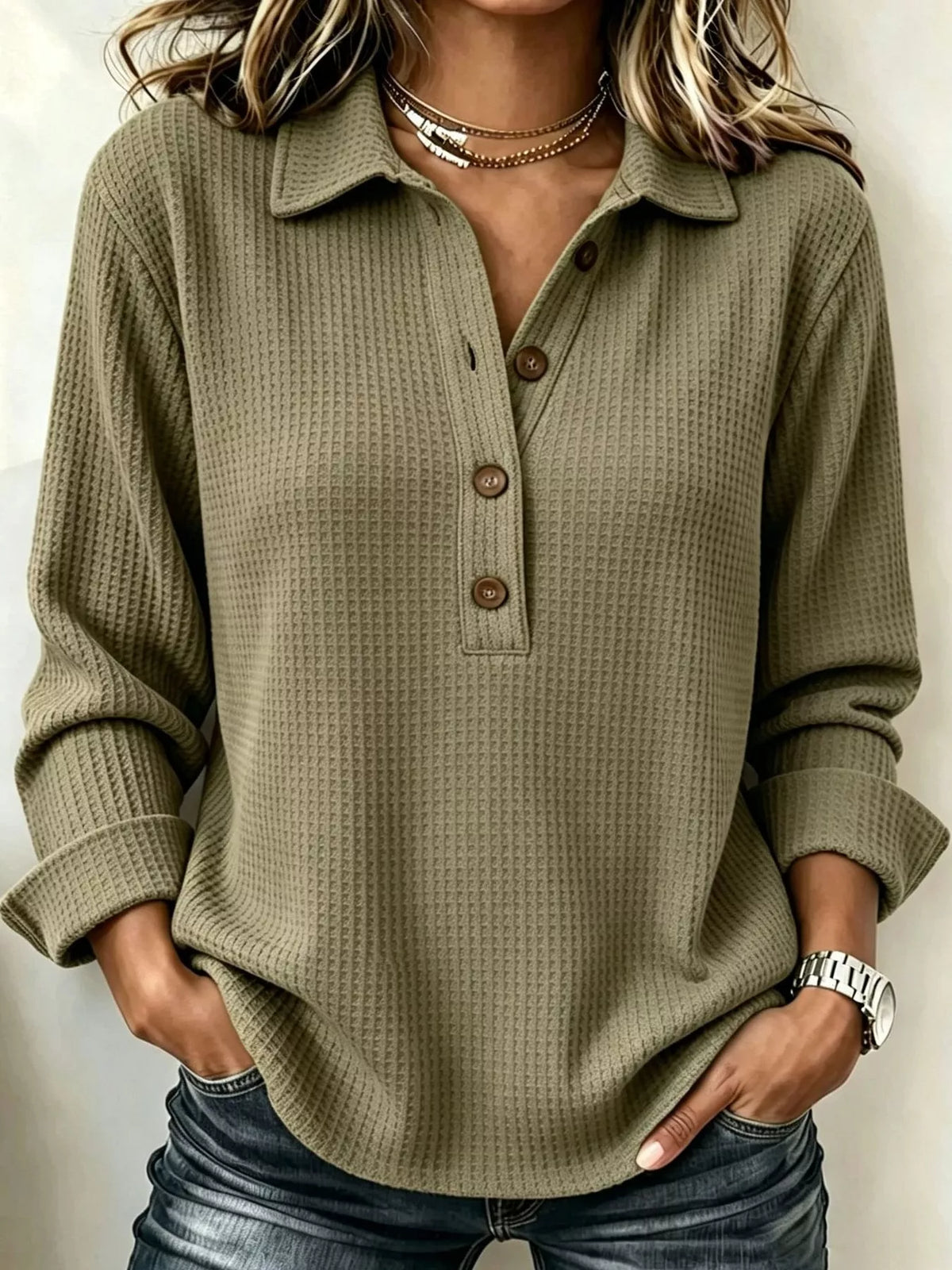 Olive waffle knit long sleeve polo top, front view