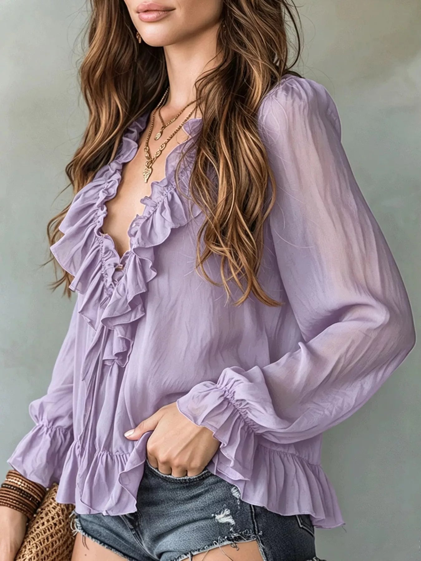 Trendsi Ruffle V-Neck Long Sleeve Blouse -
