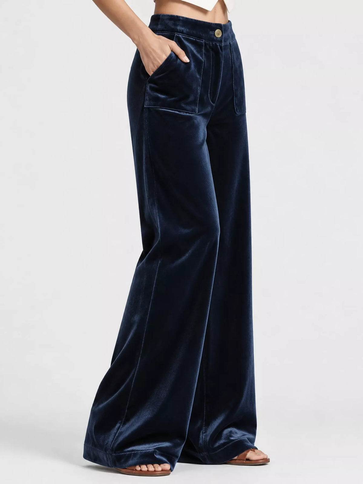 Dark Blue high-waisted wide-leg velvet pocket pants