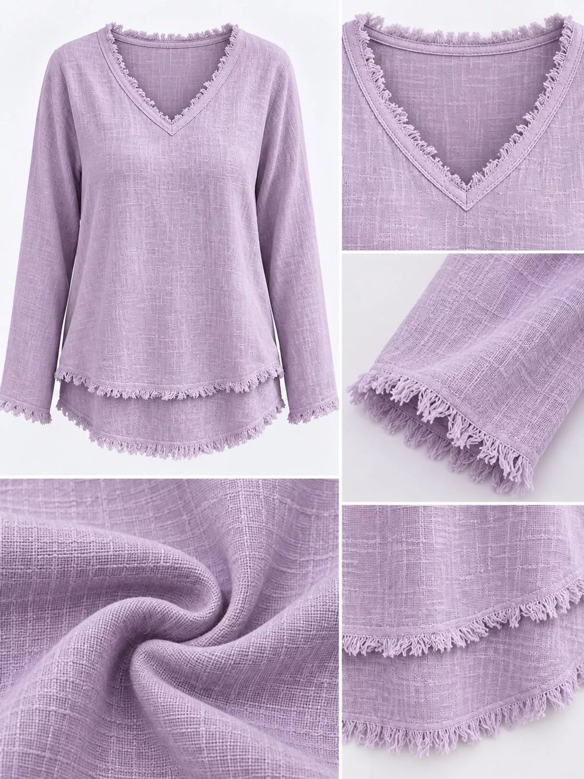 Frayed-hem blouse, lilac neckline hem cuff collage
