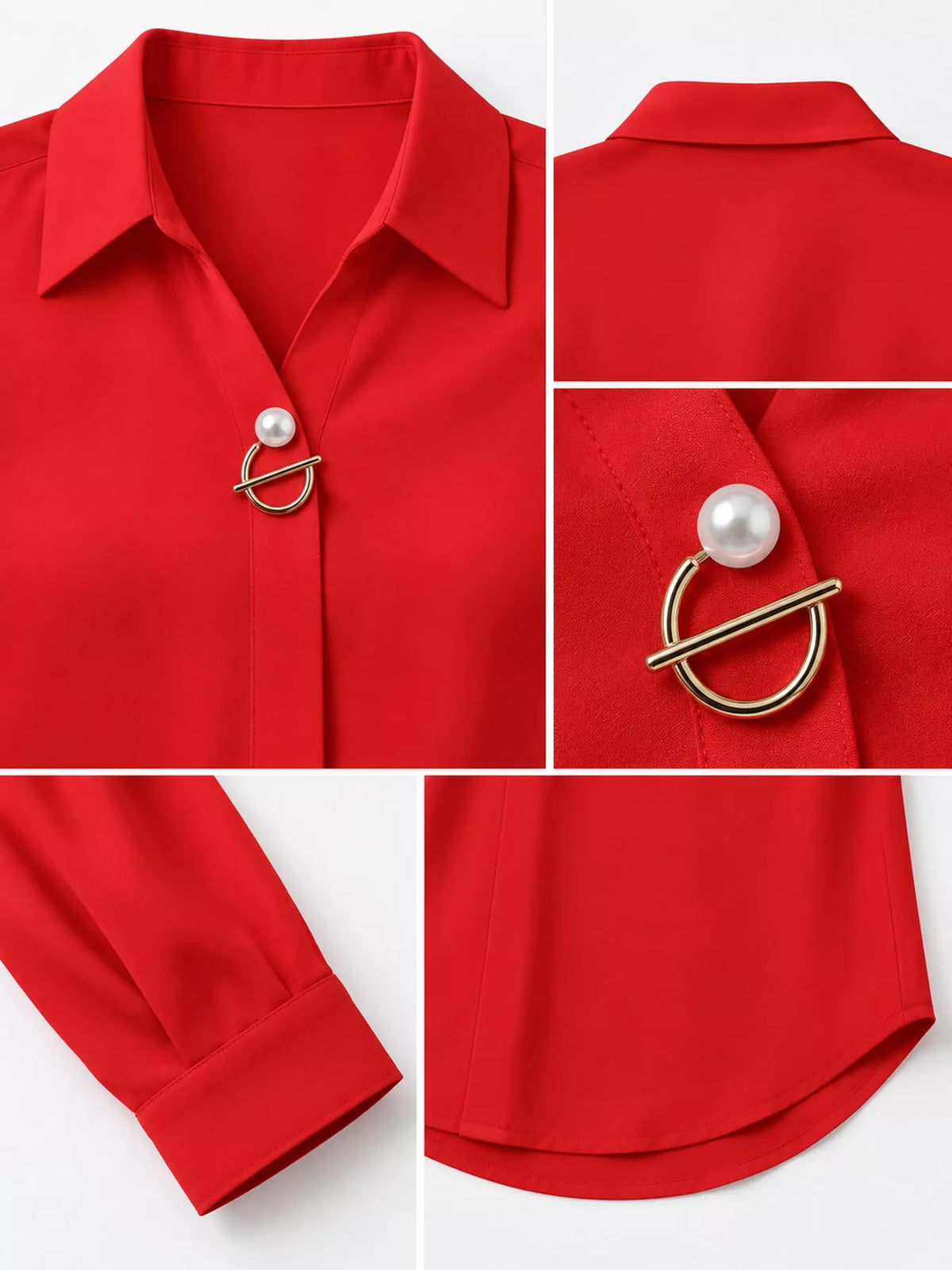 Women's Collared Clasp Detail Long Sleeve Satin Blouse in red — detail collage view