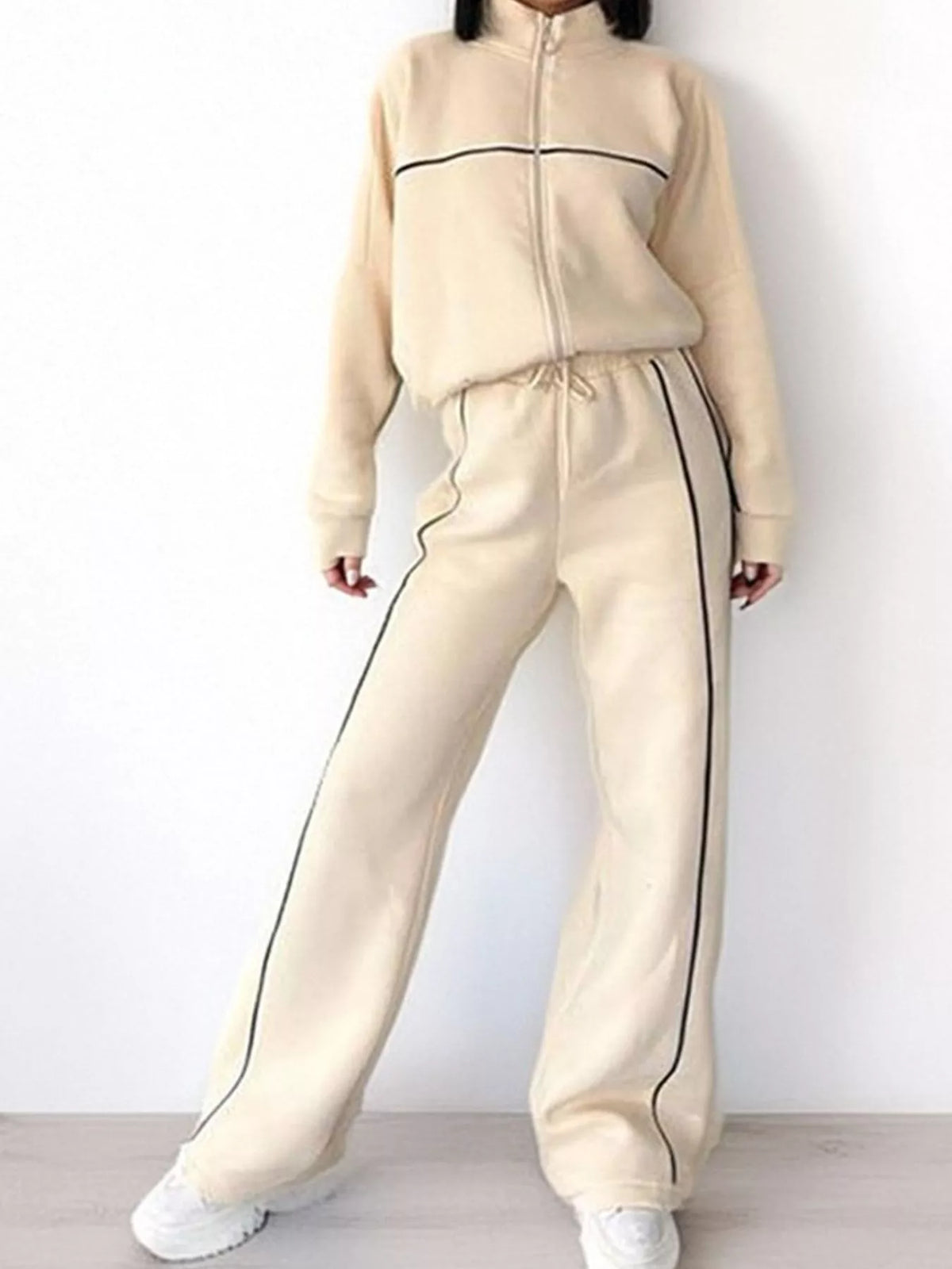 Apricot zip-up jacket and wide-leg pants set