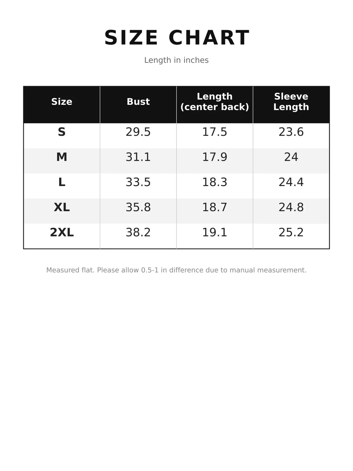 Size chart for slit square neck long sleeve t-shirt