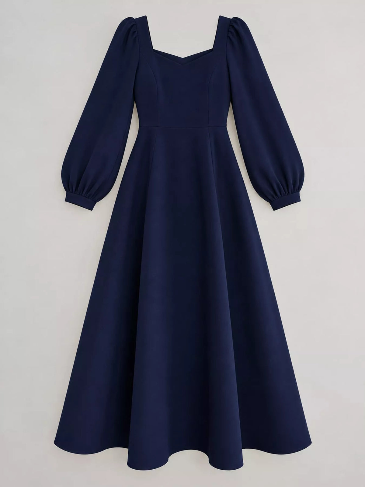 Navy long sleeve a line midi dress, front view