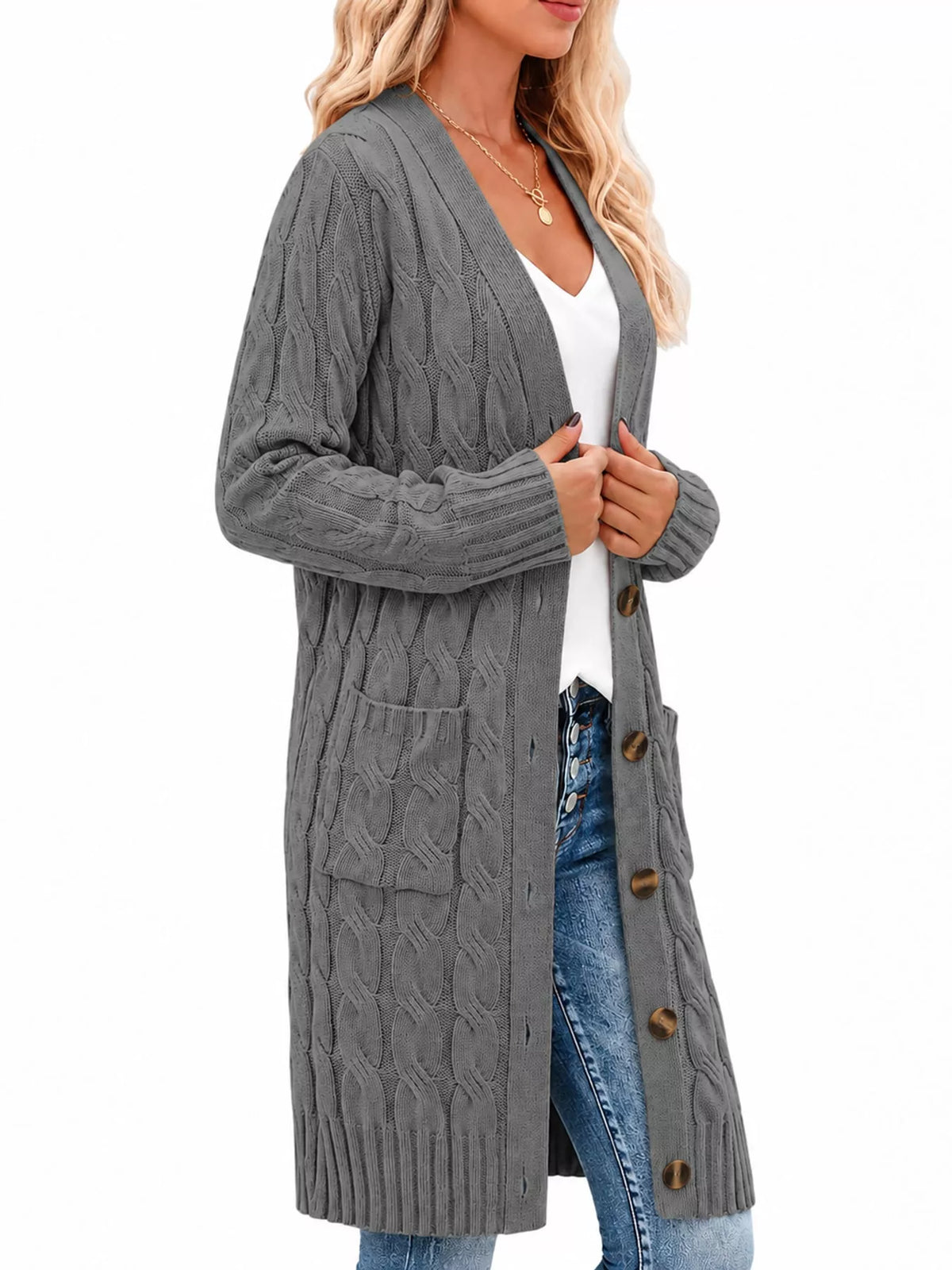 Cable Knit Button-Down Cardigan with Pockets — side view