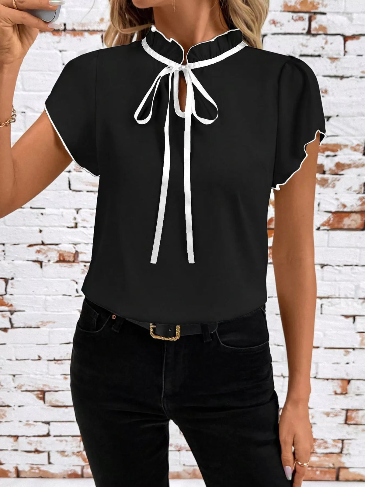 Contrast Trim Ruffle Sleeve Tie-Front Blouse in black and white
